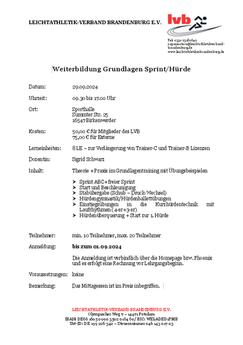 Weiterbildung Grundlagen Sprint/ Hürde (KILA) in Birkenwerder